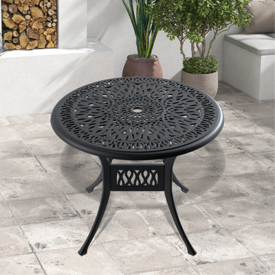 35.43-Inch Cast Aluminum Patio Dining Table With Black Frame And Umbrella Hole