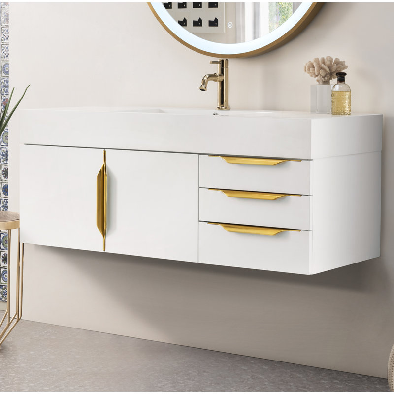 Meuble-lavabo simple l 48 po Mercer Island, Blanc lustré, Blanc lustré, Or rayonnant