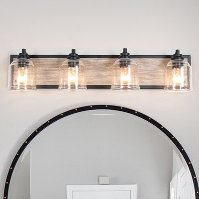 Modern Farmhouse Dimmable Bathroom Vanity Light with Seeded Glass and Wood-Grain Veneer Backplate