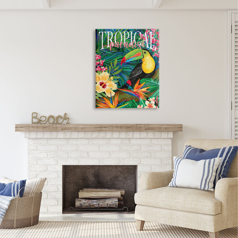 «Bay Isle Home», paradis tropical, Toucan, art de la giclée par Cat Thurman Designs, H 40 po x l 30 po x P 1,5 po