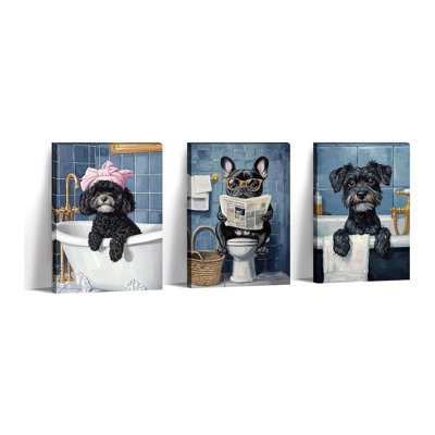 Funny Dog Canvas Art 3Pcs Bathroom Wall Decor Framed Blue Posters Black Dog In Toilet Picture Cute Pet Painting Prints Restroom Ready To Hang - 12.00"X16.00"X3p