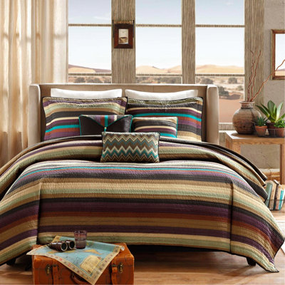 Reversible Quilt With 3 Zig Zag Pillows, Microfiber, Beautiful And Stripe Combinations In Purple Teal Earth Tones Microfiber , Design, Charming Motifs Tones, Full/Queen Size Bed