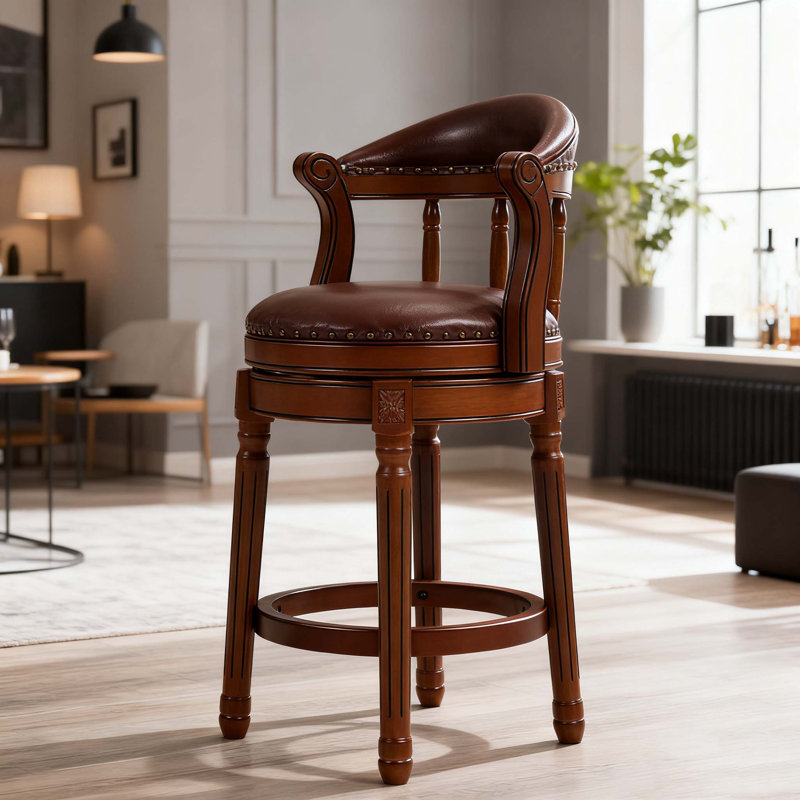 Cow Top Leather Wooden Bar Stools, Brown