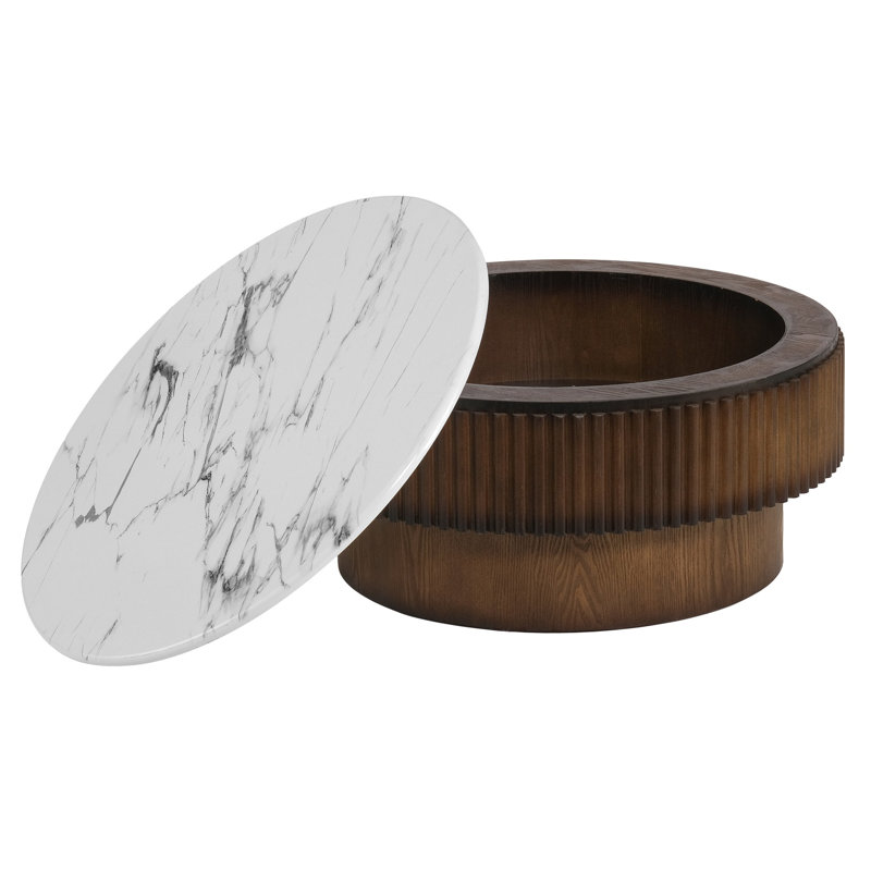 Table basse ronde de 31,49 po avec rangement, petite table basse moderne avec plateau à motif de marbre blanc et base cannelée en bois massif, table centrale pour salon, appartement, bureau