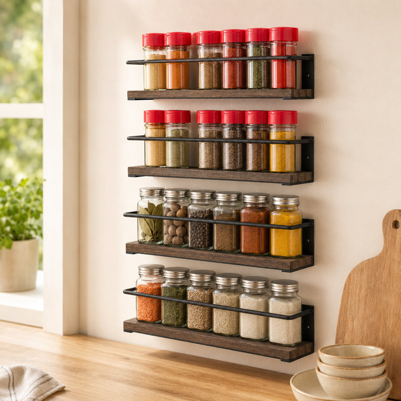 Étagère à épices pour porte d'armoire ou fixation murale, ensemble de 4 tablettes d'assaisonnement en bois avec 415 étiquettes d'épices pour placard, garde-manger ou au-dessus du poêle