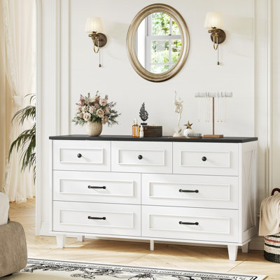 Commode 7 tiroirs avec commode double de 52 po de style maison de campagne, poignées rétro et tiroirs lisses, commode de rangement spacieuse pour la chambre à coucher, le salon, le vestibule, blanc