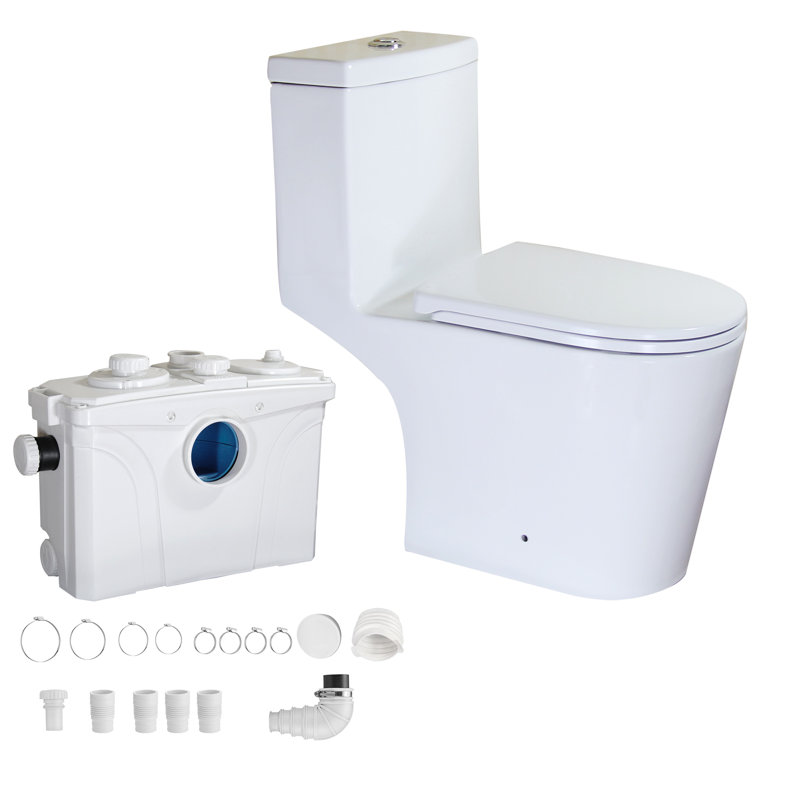 Upflush Toilet For Basement, 700W Macerating Toilet System With Powerful Dual Flush, Elongated 17.25 ADA Comfort, Soft-Close Seat, 4 Water Inlets Connect To Sink, Shower, White