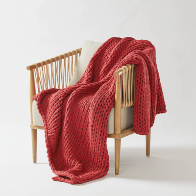 Couverture jetée rouge en grosse maille double, 127 x 152 cm, faite à la main