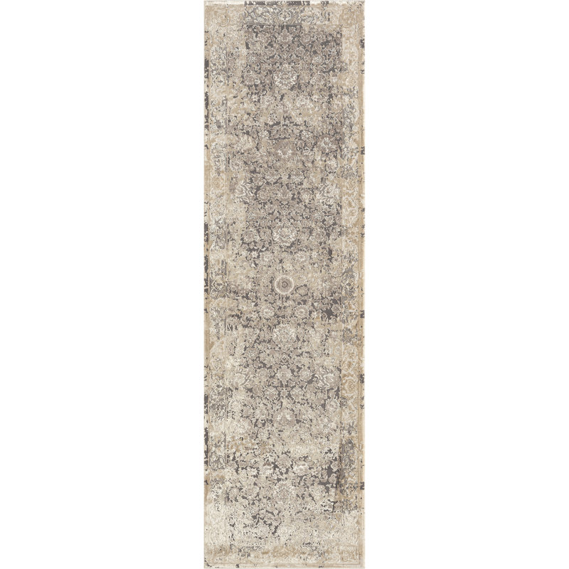 Tapis beige / gris à motif floral Ophelia Lux, Tapis de couloir de 2 pi x 7 pi