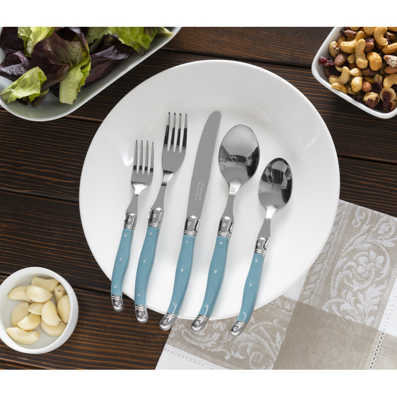 French Home Laguiole Stainless Steel Flatware Set, Service For 4 Pearl White, Aegean Teal