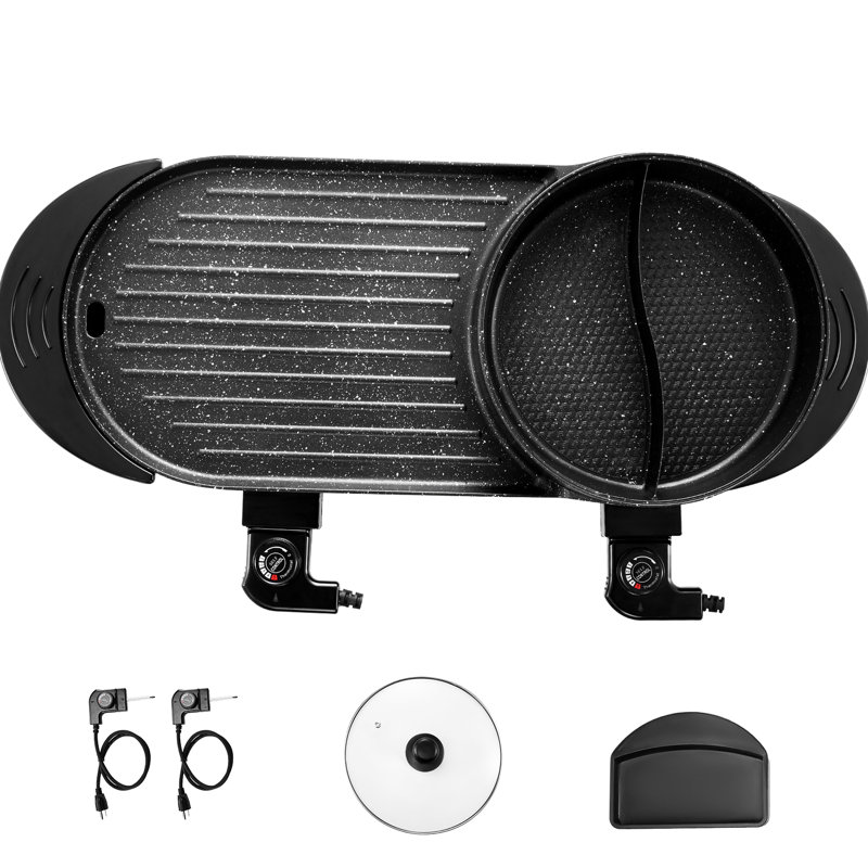 Gril électrique de 2200 W pour fondue chinoise, idéal pour 1 à 6 personnes, chauffe rapide, double bouton de contrôle de la température, revêtement antiadhésif, aluminium moulé, noir avec grille, fonction sans fumée, convivial et facile à utiliser.
