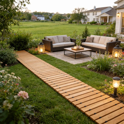 Allée de jardin en bois 51 po, allée courbée extérieure en cèdre, promenade de patio décorative antidérapante pour la plage, la pelouse, les mariages et les fêtes, allées de patio décoratives