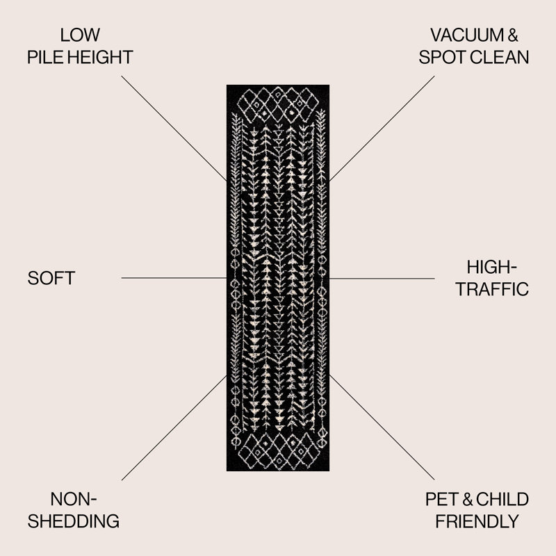 Tapis noir / crème Kendahl, Tapis de couloir 2 pi 2 po x 8 pi