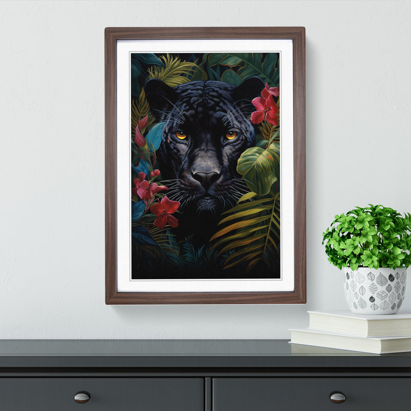 Panther Symbolism - Single Picture Frame Print on Wood, Walnut Framed, 46cm H x 34cm W