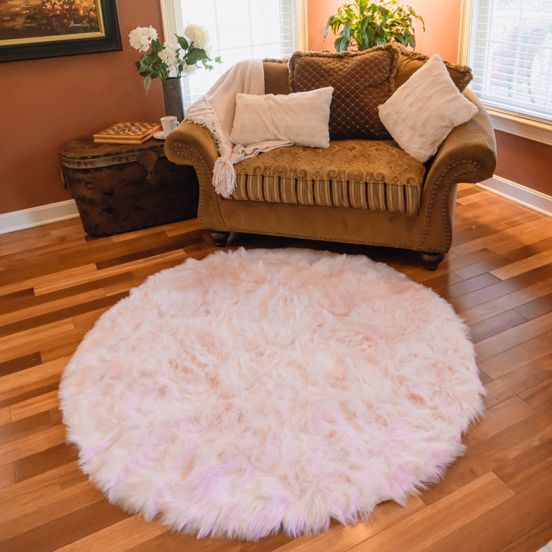 Tapis rose en fausse fourrure à poils longs lavable, Rond 5 pi