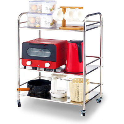 Chariot utilitaire roulant à 3 niveaux en acier inoxydable avec roues, chariot de rangement en métal pour la cuisine et à usages multiples, chariot de service mobile pour divers espaces (argent)