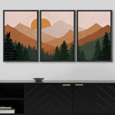 Sun Mountain Landscape " IDEA4WALL Framed Canvas Print Wall Art Set Pastel Rising Sun Mountain Forest Abstract Nature Illustrations Modern Art Nordic Decorative Wilderness Zen Minimal Boho For Living Room, Bedroom, Office " 3 - Pieces