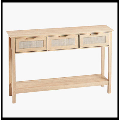 Natural Rattan Console Table With 3 Storage Drawers – Entryway Table Featuring Natural Rattan Sliding Door, Versatile For Living Room, Study, Entryway, Or TV Wall