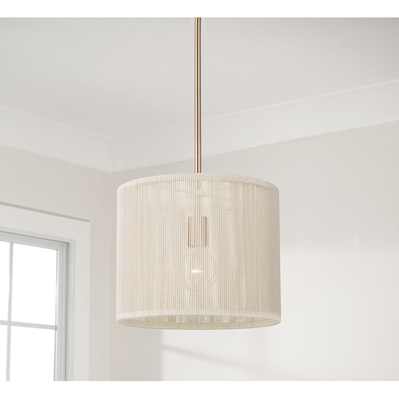 12" W x 10" H 1-Light Handcrafted Drum Pendant in Matte Brass with Hand-wrapped Bleached Natural Rope, 12"W x 10"H