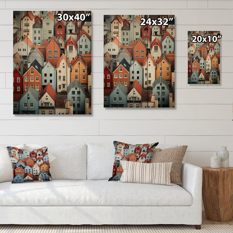 Danemark, toits écarlates, collage II sur bois, H 40 po x l 30 po x P 0,78 po