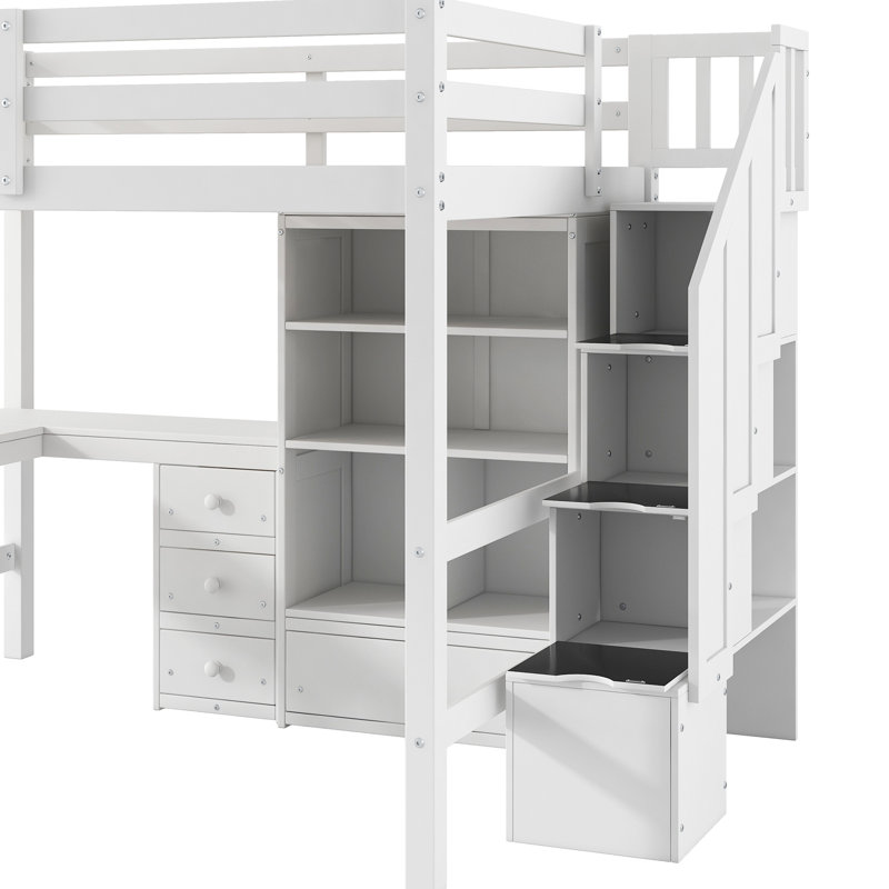 Lit mezzanine double avec bureau en L, tiroirs, armoire et escalier de rangement - armoire de couleur blanche moderne et lumineuse