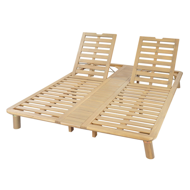 Double chaise longue d'extérieur moderne avec coussin, bois d'acacia et table d'appoint intégrée Cromwell