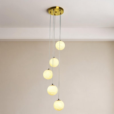 Modern 5-Light Faux Alabaster Glass Globe Cluste Pendant Light with Brass Finish Metal