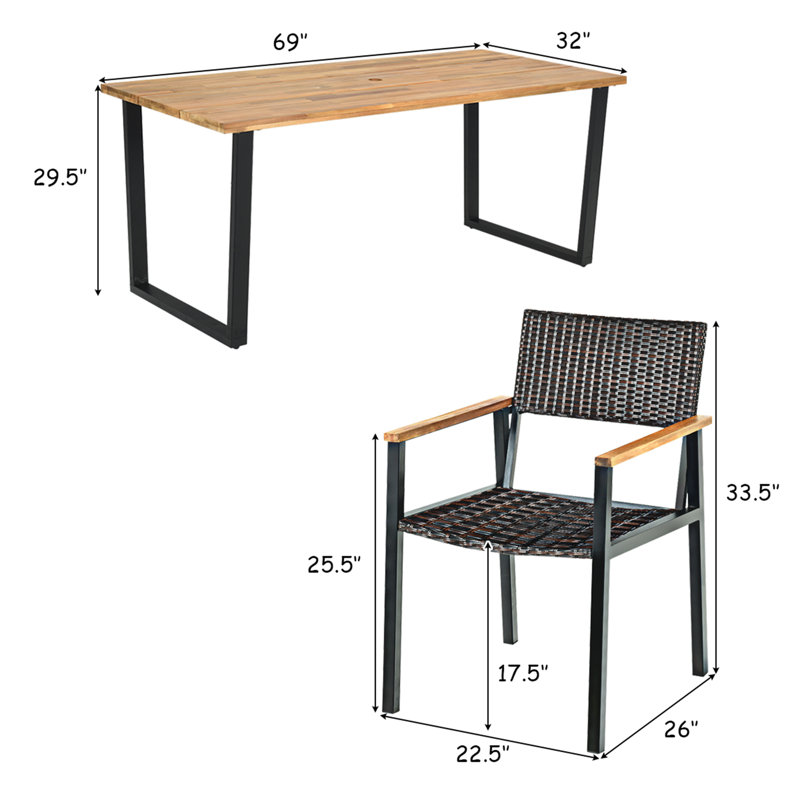 6 - Person Acacia Solid Wood Patio Dining Set Umbrella Hole Included Rectangular Table