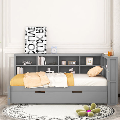 Lit de jour en bois avec couchette simple, lit de jour avec tablette de rangement et ports de chargement USB, gris