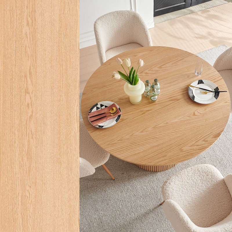 Round Table With Set Of Four Barrel Chairs, Oak, Ivory, Oak