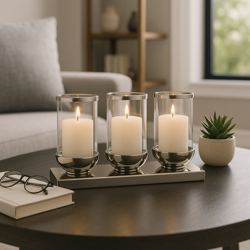 Modern Triple Glass Pillar Candle Holders with Solid Base - Decorative Tabletop Candlestick Holder for Dining Room Accent - 16", Silver