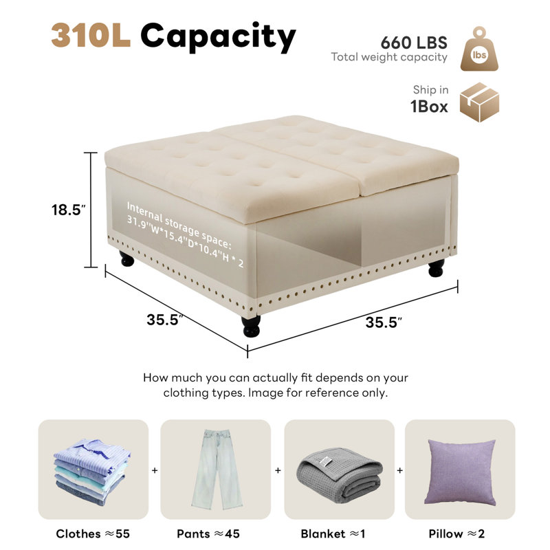 Delmontez 35.5'' Upholstered Storage Square Ottoman, Beige Velvet