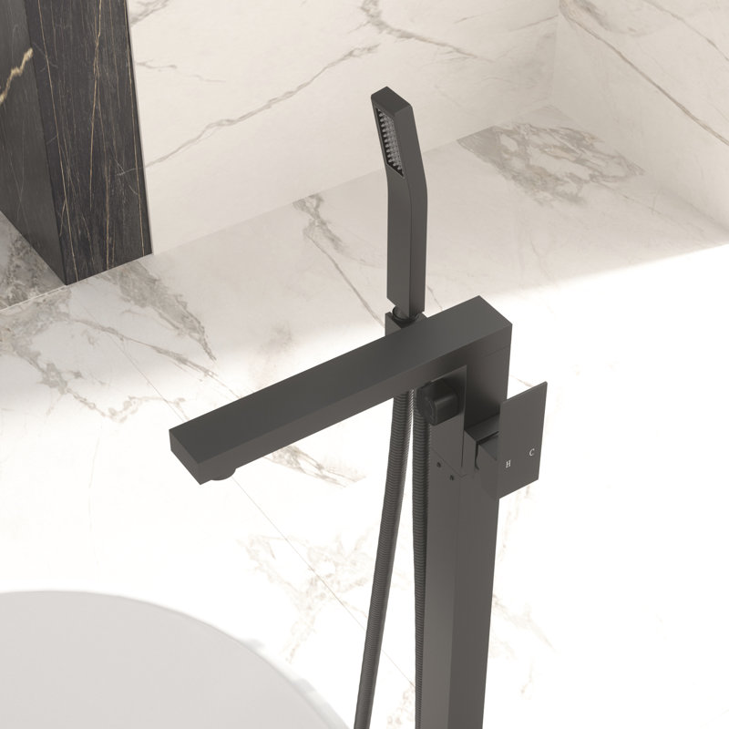 Matte Black Floor Mounted Bathroom Tub Faucet With Handheld Shower, Lead - Copper Core, Precise Temperature Mixing, 360 Rotating Splash Spout Filler Slip Handles,