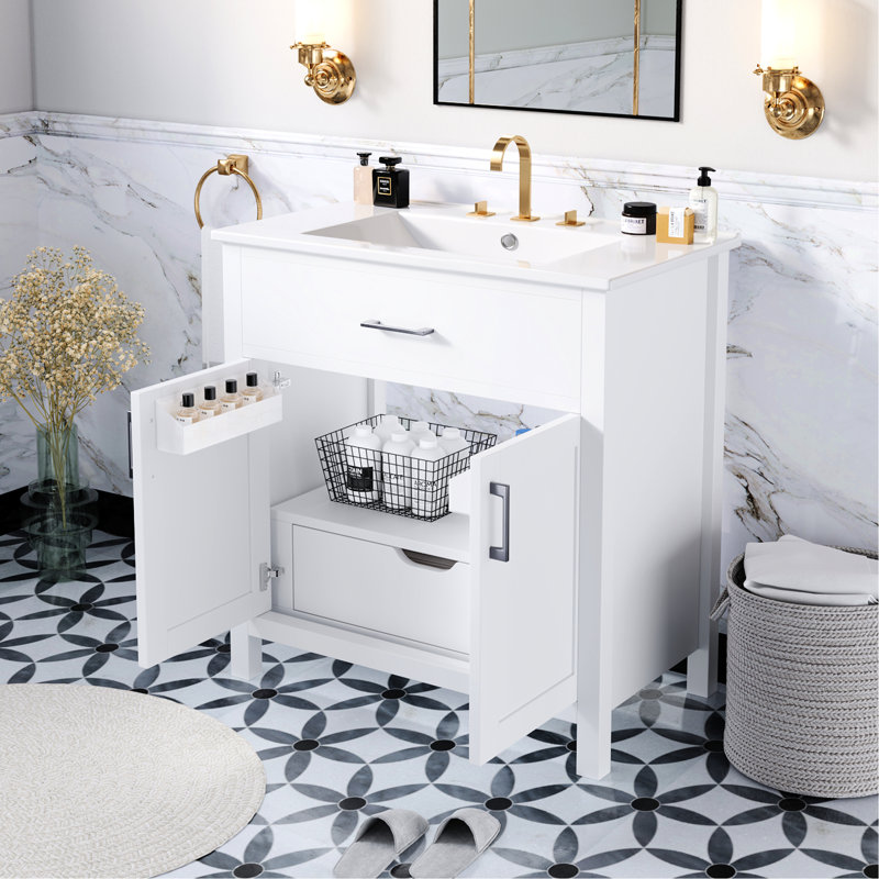 Meuble-lavabo de 30 po: lavabo en céramique et espace de rangement abondant. Petits espaces compacts. Blanc, bois massif +. 2 portes, 1 tiroir. Meuble-lavabo élégant avec solution. Options de rangement.