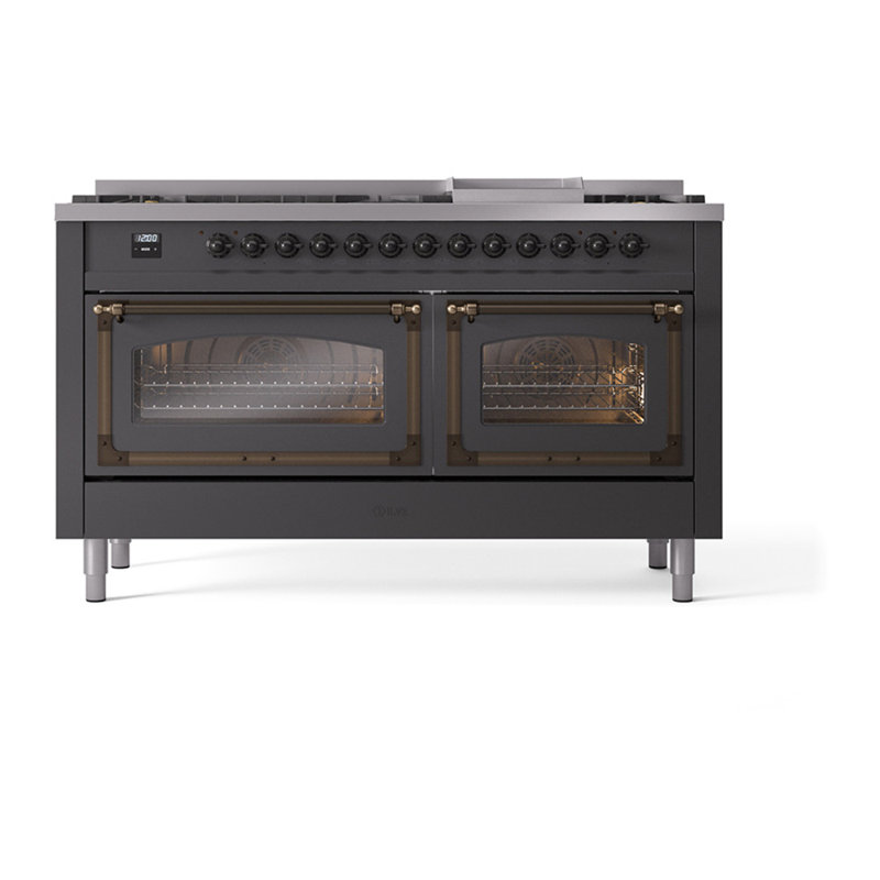 ILVE Nostalgie II Noblesse 60 in Dual Fuel Range, 9 Burner, Griddle, Graphite Matte/Burnished, Liquid Propane