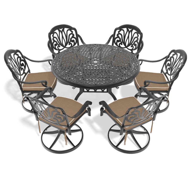Ensemble de salle à manger 7 pièces en fonte d'aluminium toutes saisons, comprenant 6 chaises pivotantes et une table ronde de 48,03 po avec structure noire