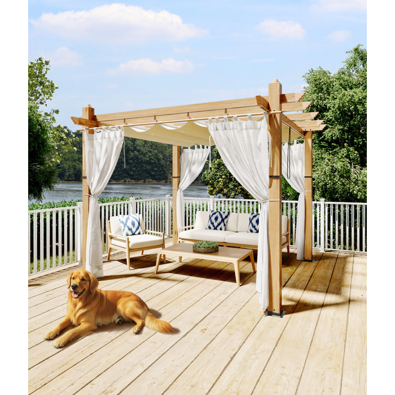 Pergola en aluminium résistant aux intempéries avec auvent bleu réglable et 4 rideaux blancs, petite pergola de patio pour la cour ou le jardin, 10 x 10 pi
