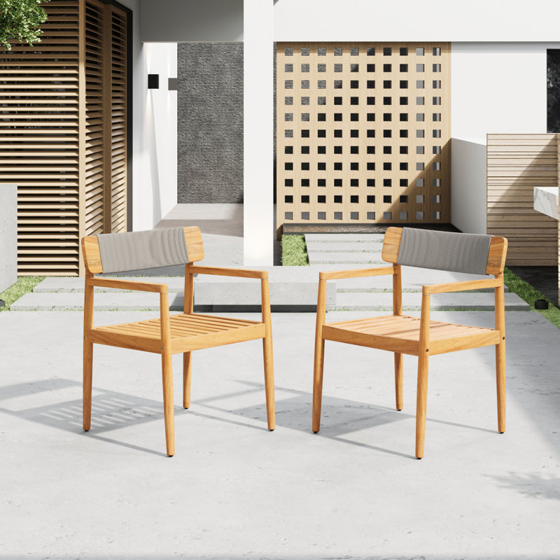 Creative Braided Acacia Wood Outdoor Dining Table and Chairs with Armrests, Suitable for Outdoor Dining and Leisure Places, Teak Look & Grey Rope, Set of 2