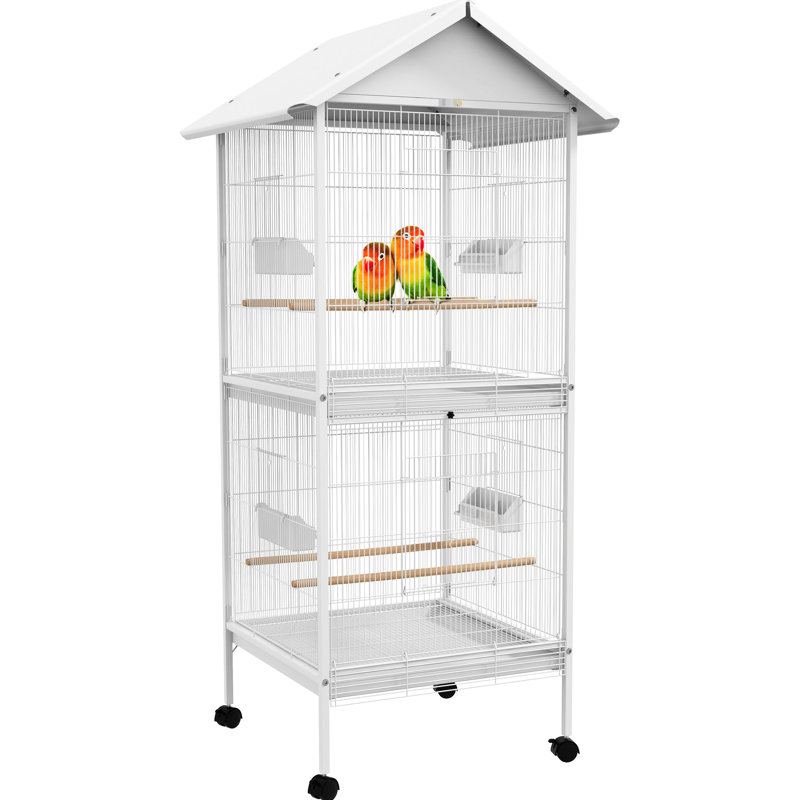 Cage à oiseaux blanche avec support, hauteur de 67 po - plateau spacieux et perchoirs pour oiseaux de taille moyenne, cage en métal forgé