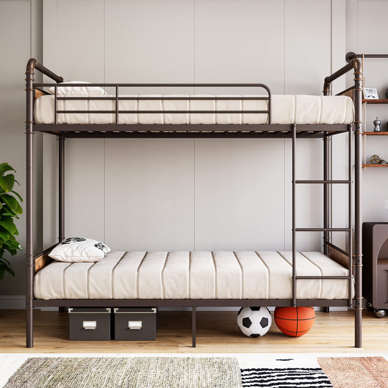Twin Over Twin Metal Bunk Bed with High Guardrail and Ladder, Convertible Metal Bunk Beds for Kids/Teens/Adults,Easy Assembly,Brown