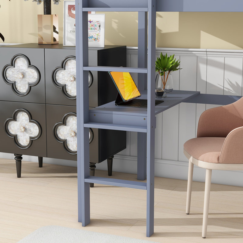 Grey Twin Loft Bed With Desk Safety Guardrail Rubber Wood, Gray