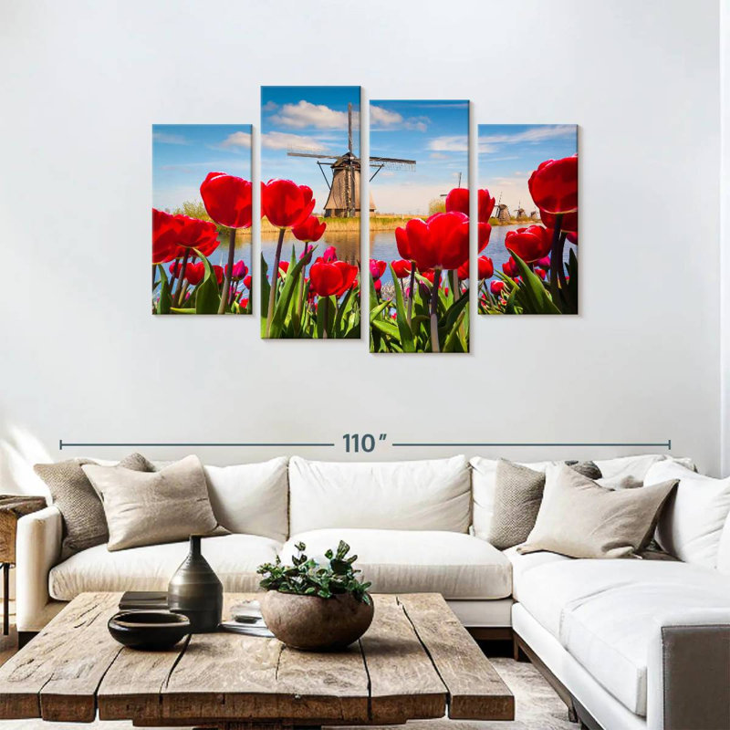 Tulipes près du moulin à vent, H 48 po x l 75 po
