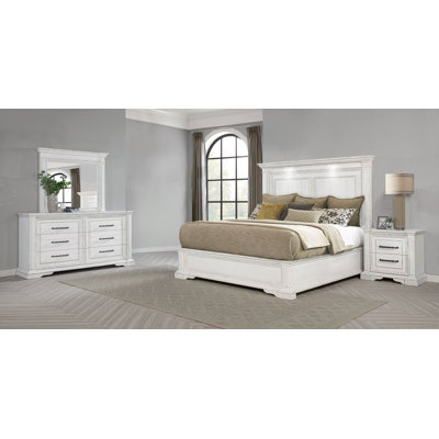 Mikhel 4-Piece Queen Bedroom Set with LED Panel Bed, Nightstand, Dresser and Mirror, Vintage White