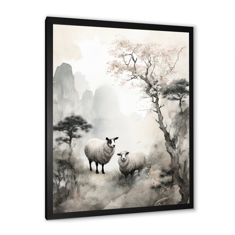Taeson " Asian Art Sheep Sumi ", Black Picture Framed Canvas, 20" H x 12" W x 1" D