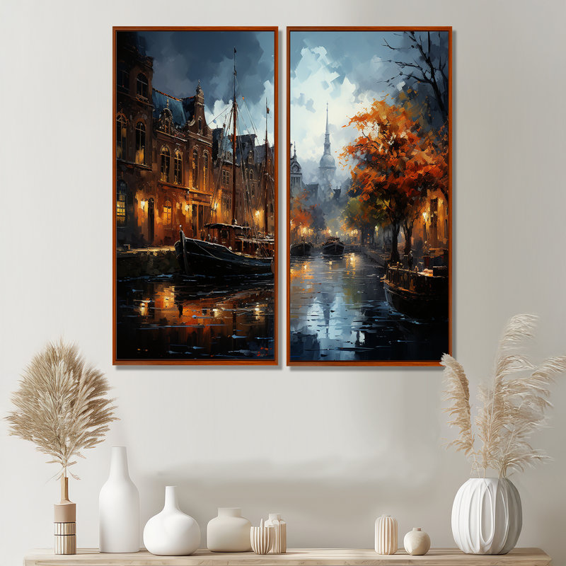 Danemark, Amsterdam, canal, nuit, II - Danemark, ensemble de 2 grandes impressions sur toile, 32" H x 32" W, Brown
