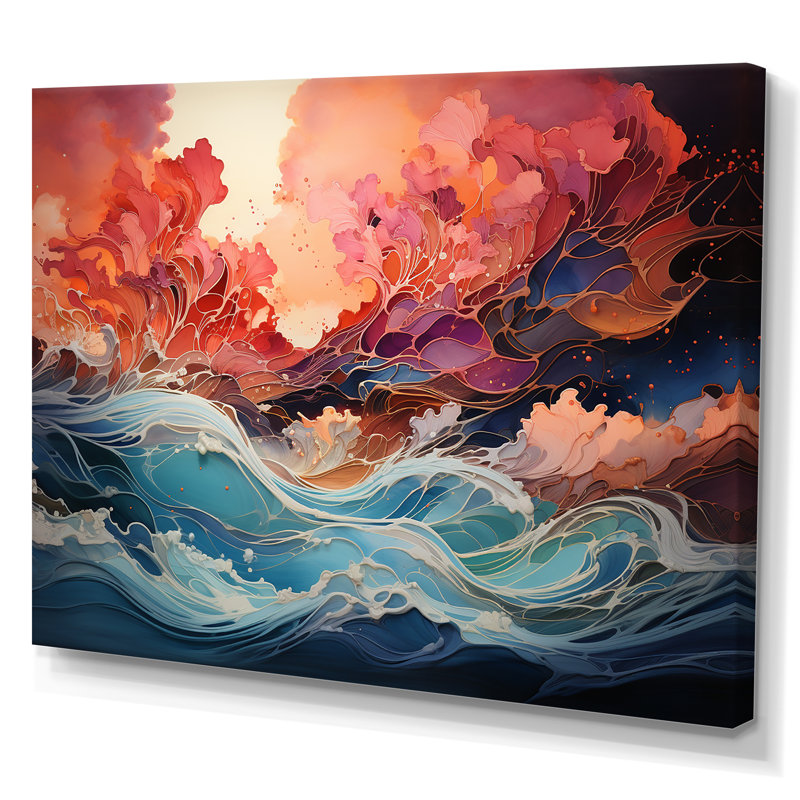 Art japonais sur toile, "Tempête japonaise", H 34 po x l 44 po x P 1,5 po, Toile tendue