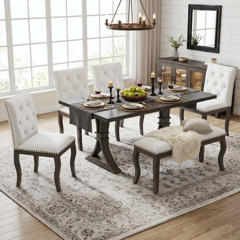 Ensemble de table de salle à manger 6 pièces avec banc et 4 chaises capitonnées capitonnées, mobilier de cuisine de ferme moderne avec garniture cloutée