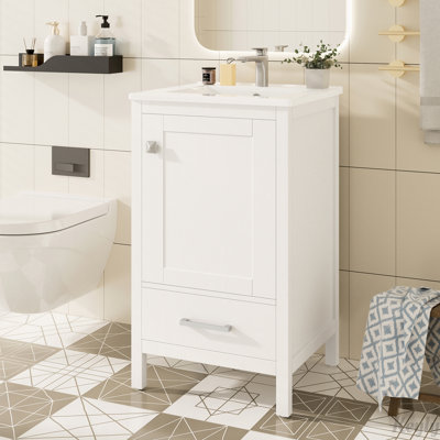 Meuble-lavabo moderne de 20 pouces avec lavabo en céramique, tiroirs à fermeture en douceur et porte