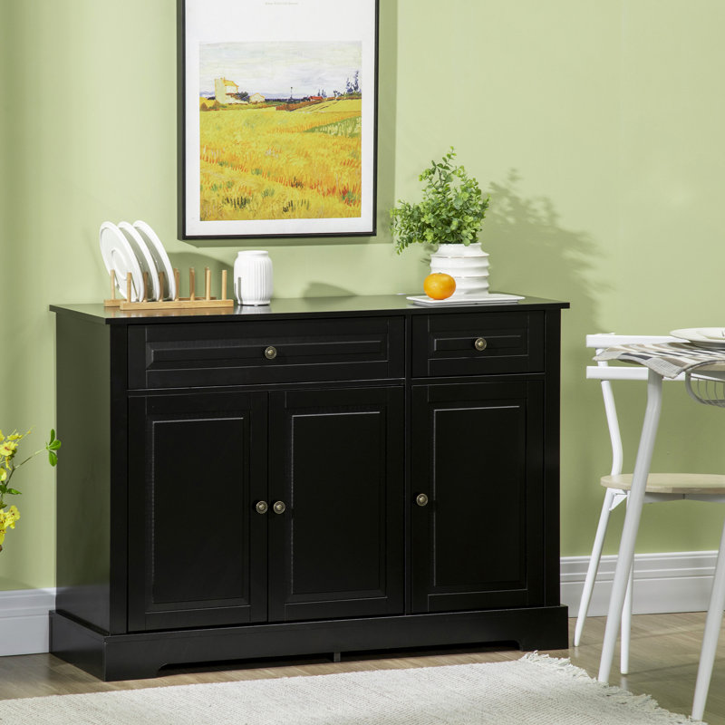 Buffet buffet, armoire de cuisine avec 2 tiroirs et tablettes réglables, armoire à café, Noir