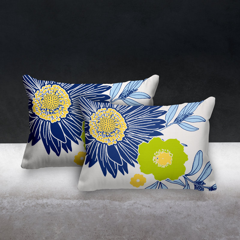Floral Outdoor Reversible Throw Pillow, Navy Blue